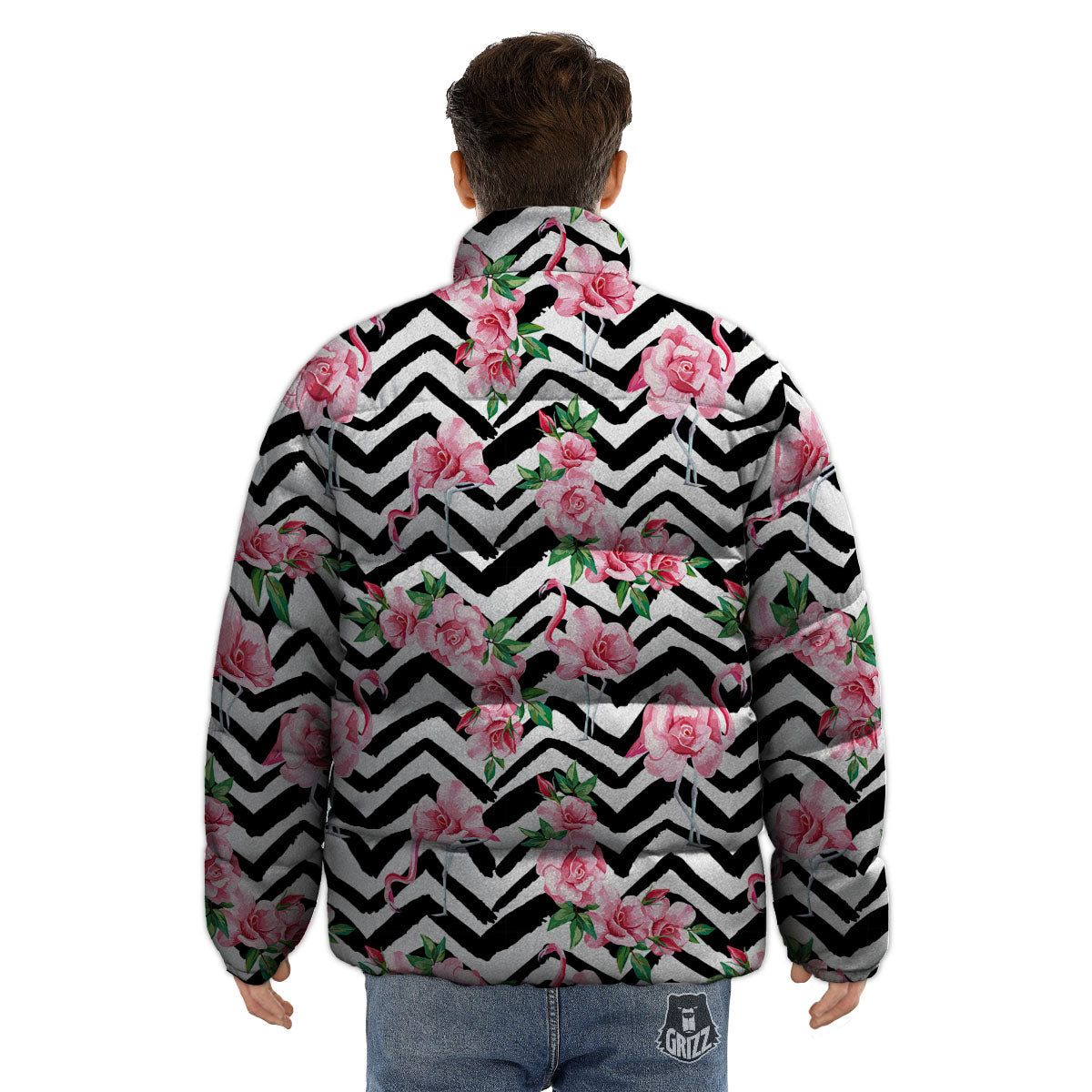 Rose Zigzag Pink Print Pattern Puffer Jacket-grizzshop