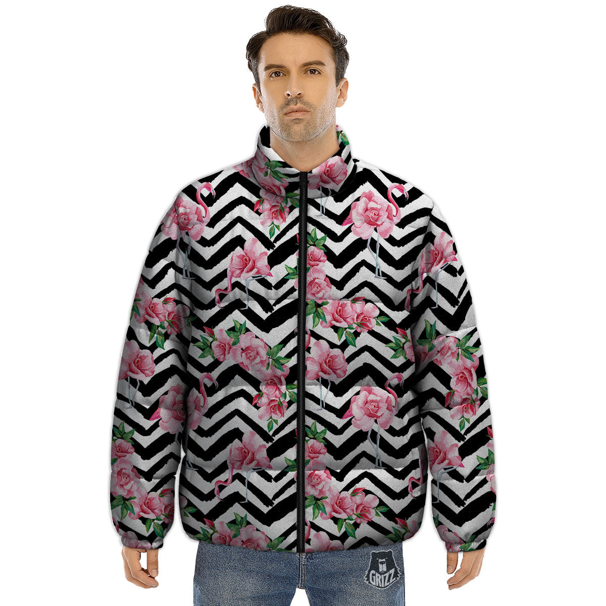 Rose Zigzag Pink Print Pattern Puffer Jacket-grizzshop