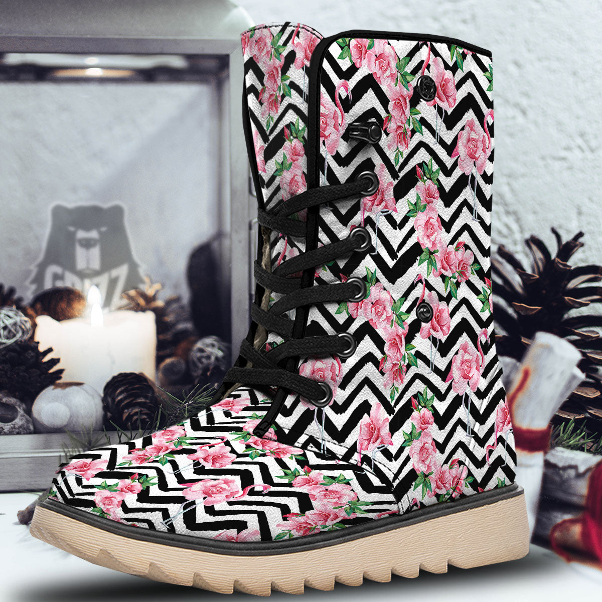 Rose Zigzag Pink Print Pattern Snow Boots-grizzshop