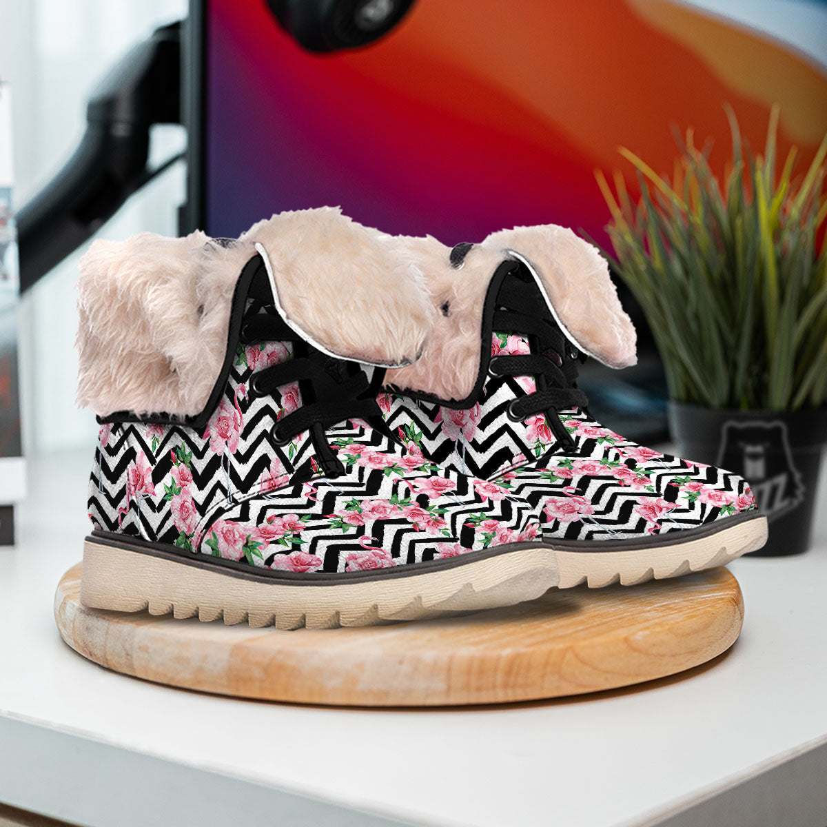 Rose Zigzag Pink Print Pattern Snow Boots-grizzshop