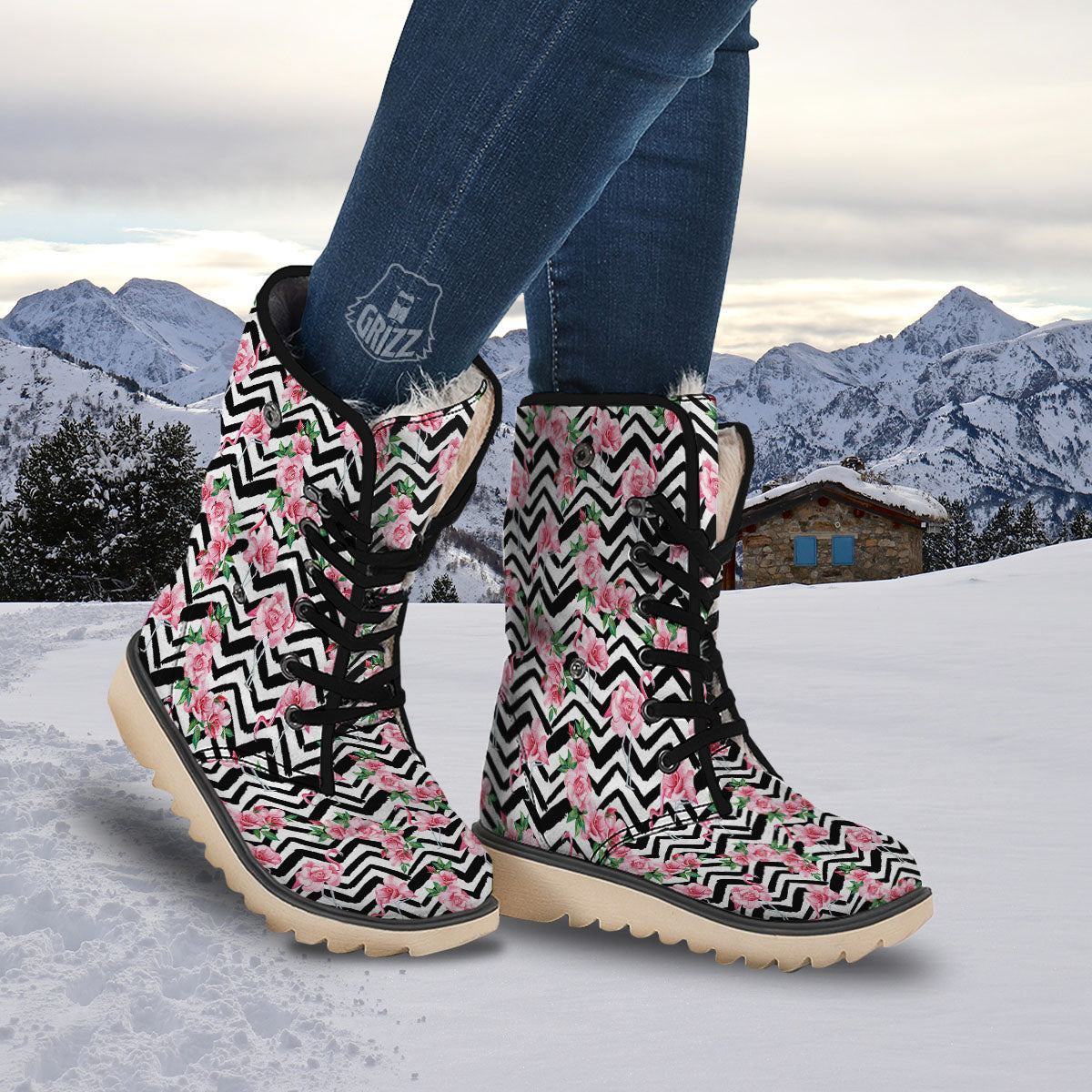 Rose Zigzag Pink Print Pattern Snow Boots-grizzshop