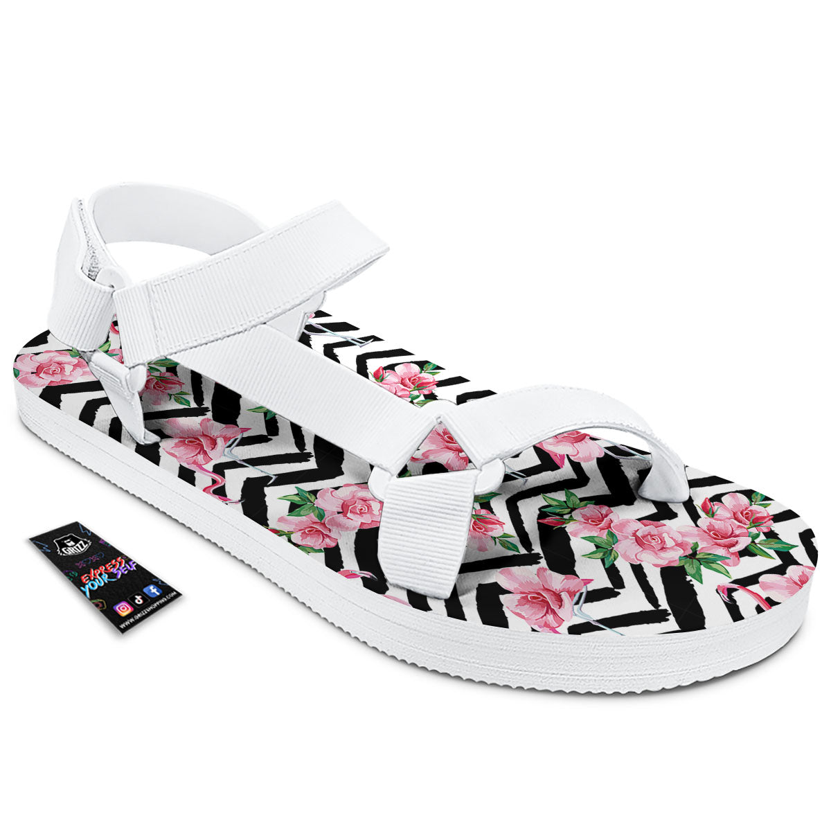 Rose Zigzag Pink Print Pattern White Open Toe Sandals-grizzshop