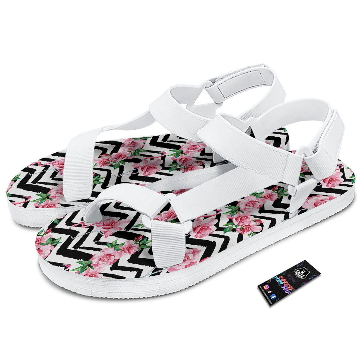 Rose Zigzag Pink Print Pattern White Open Toe Sandals-grizzshop