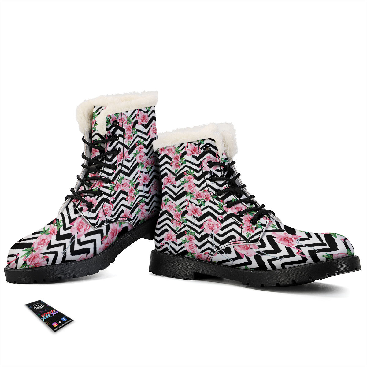 Rose Zigzag Pink Print Pattern Winter Boots-grizzshop