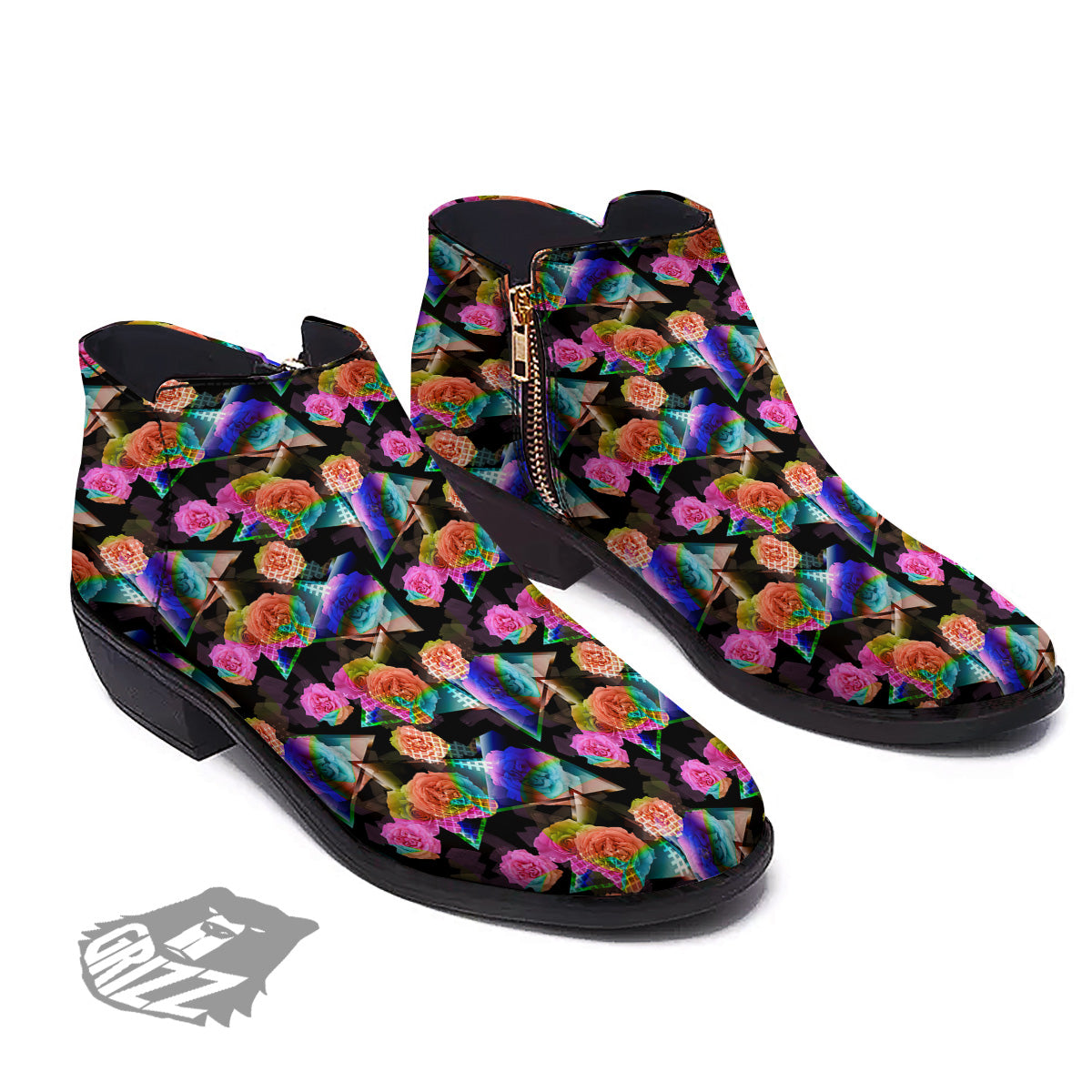 Roses Colorful Gradient Triangle Print Pattern Ankle Boots-grizzshop