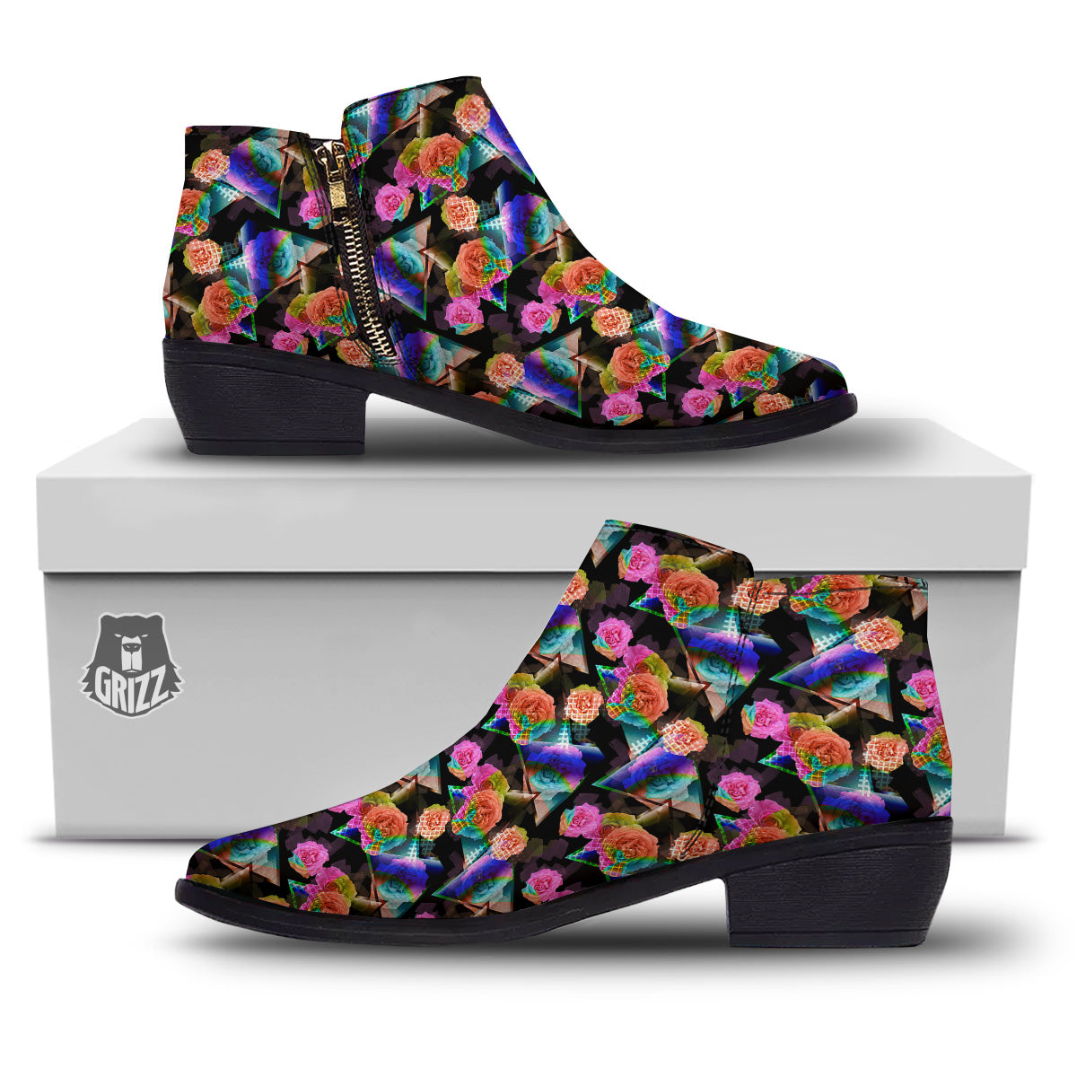 Roses Colorful Gradient Triangle Print Pattern Ankle Boots-grizzshop