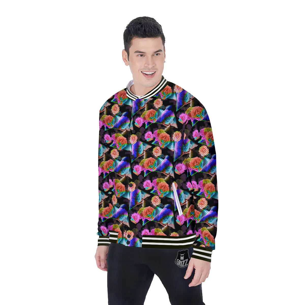 Roses Colorful Gradient Triangle Print Pattern Baseball Jacket-grizzshop