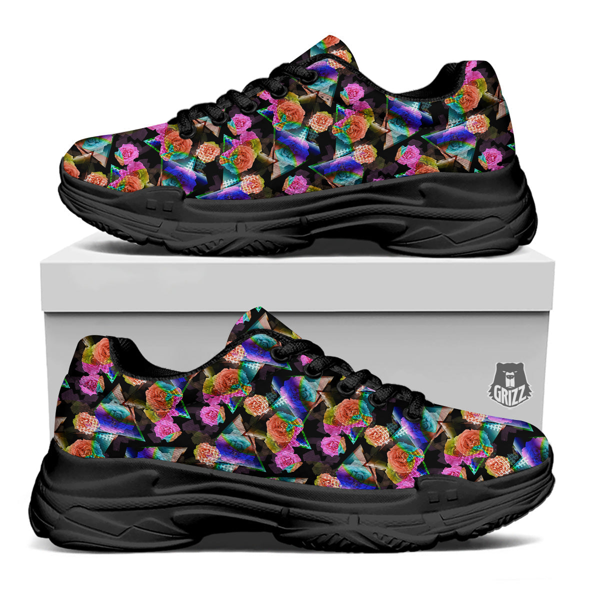 Roses Colorful Gradient Triangle Print Pattern Black Chunky Shoes-grizzshop