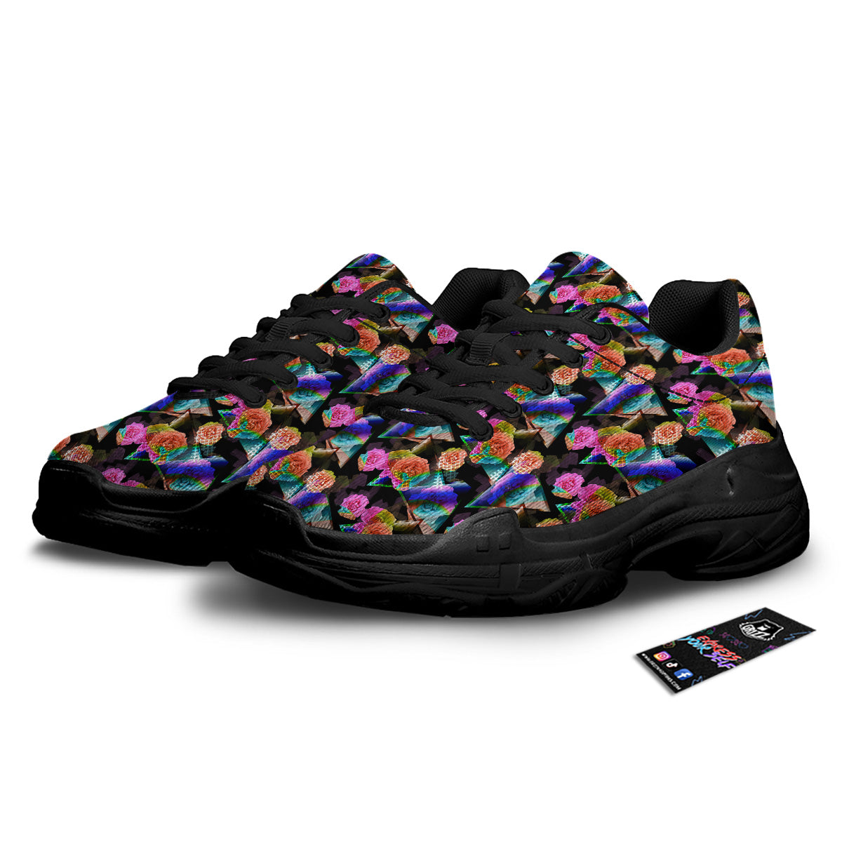 Roses Colorful Gradient Triangle Print Pattern Black Chunky Shoes-grizzshop