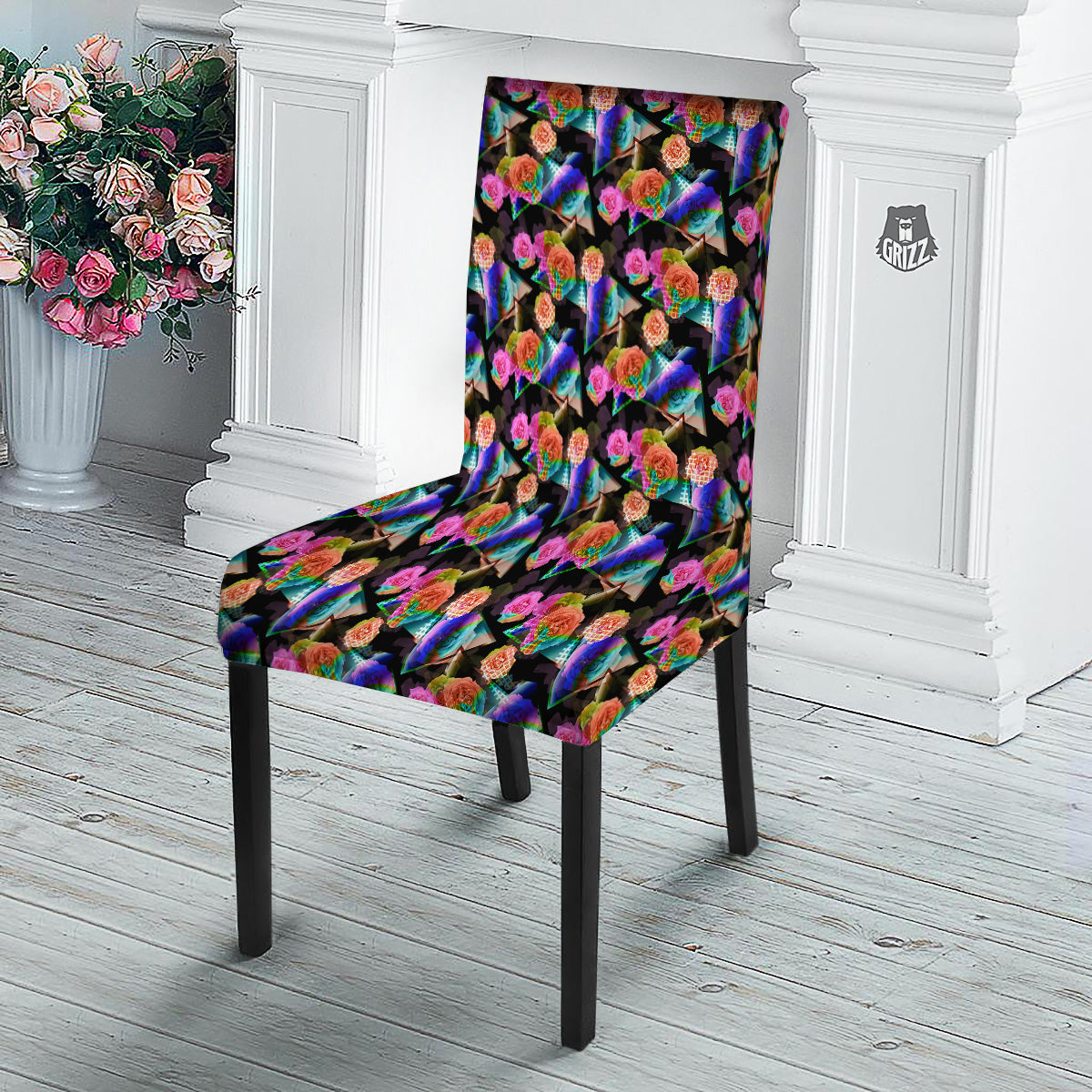 Roses Colorful Gradient Triangle Print Pattern Dining Chair Slipcover-grizzshop