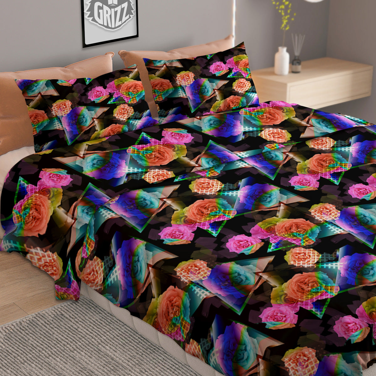 Roses Colorful Gradient Triangle Print Pattern Duvet Cover Bedding Set