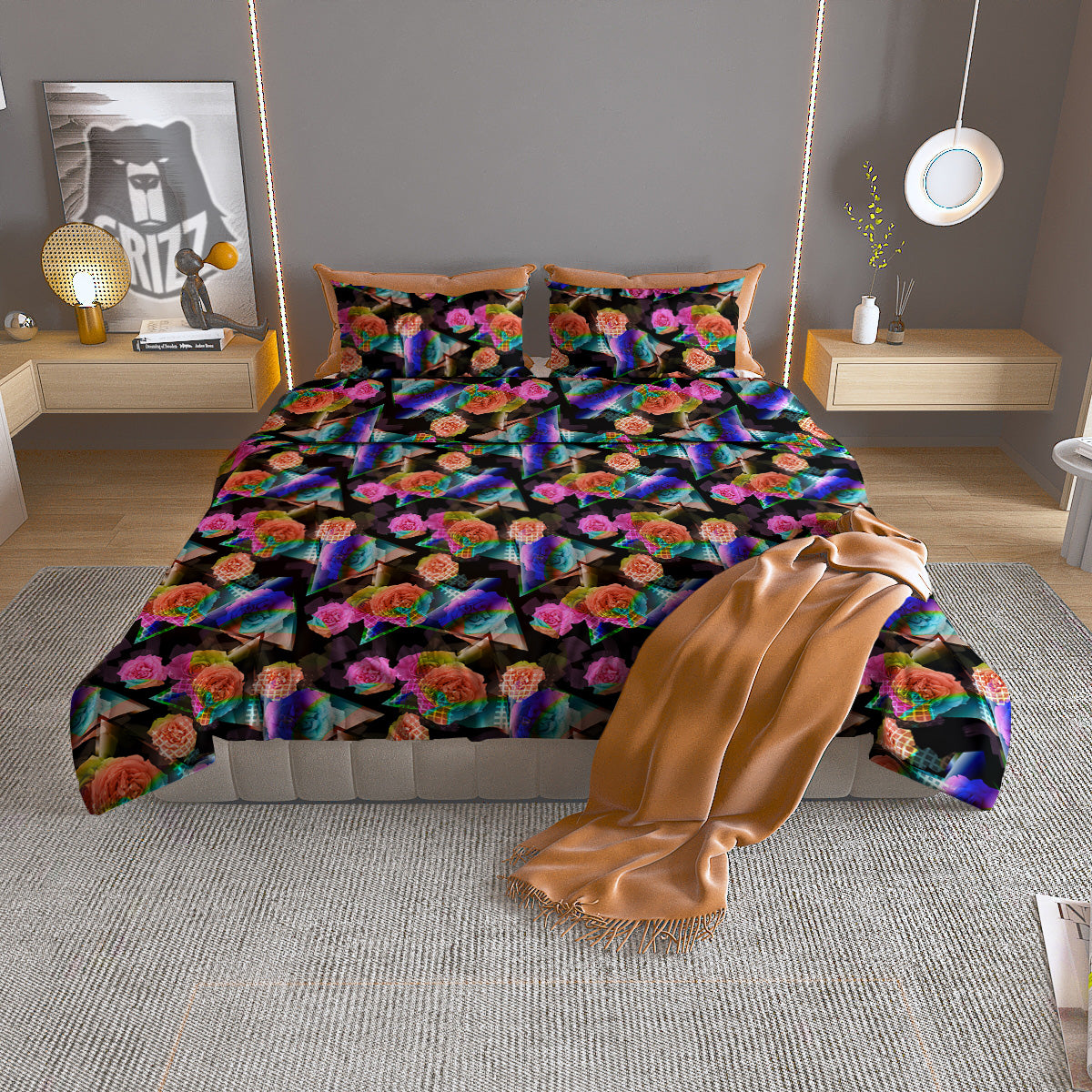 Roses Colorful Gradient Triangle Print Pattern Duvet Cover Bedding Set