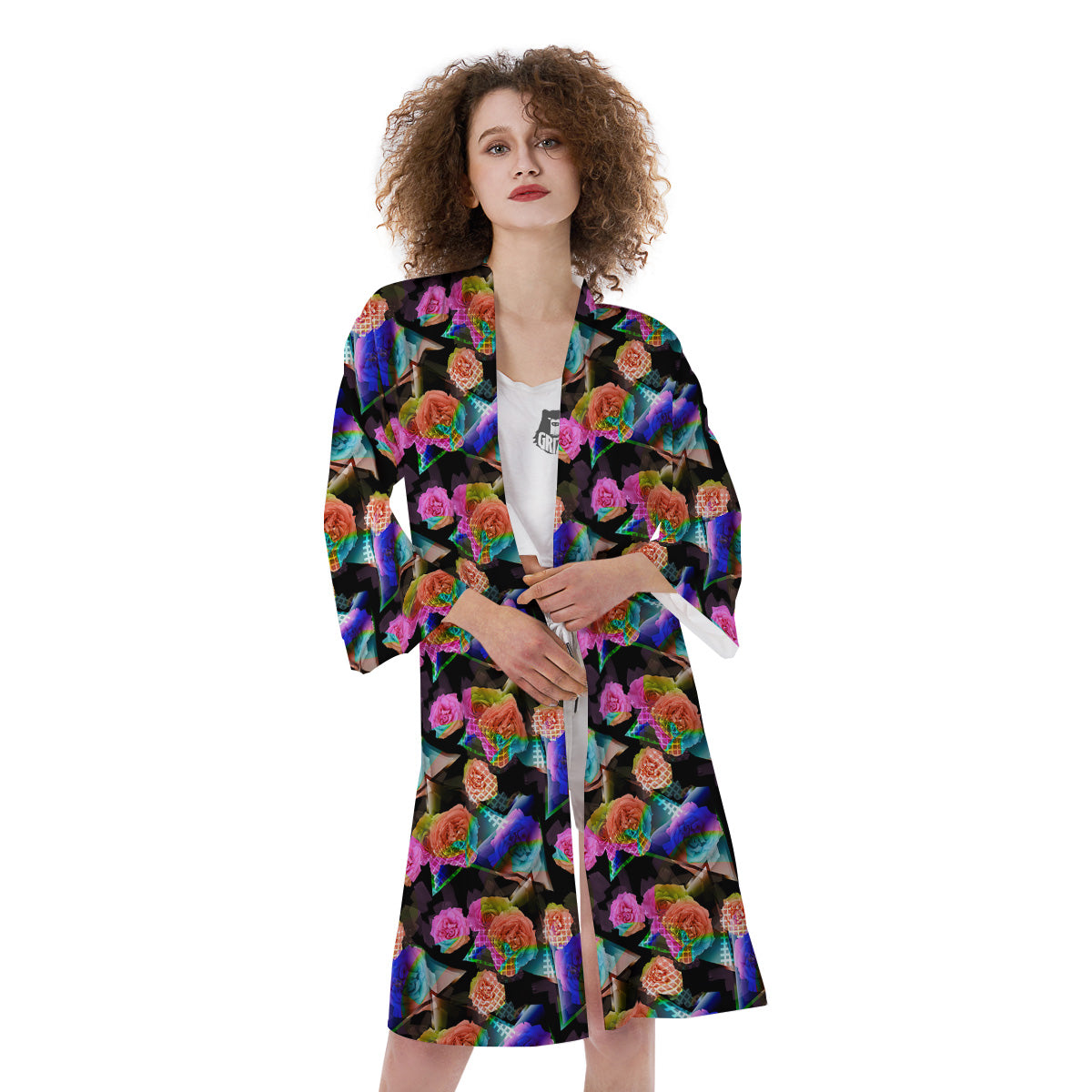 Roses Colorful Gradient Triangle Print Pattern Kimono-grizzshop