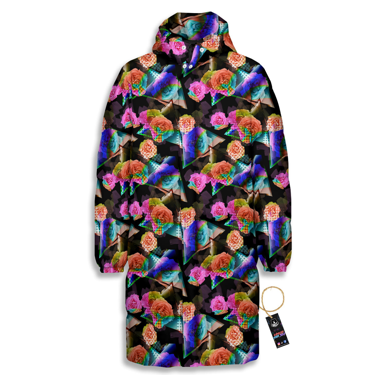 Roses Colorful Gradient Triangle Print Pattern Long Down Jacket-grizzshop