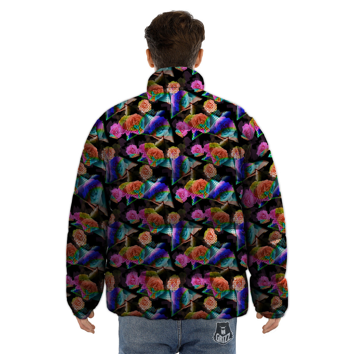 Roses Colorful Gradient Triangle Print Pattern Puffer Jacket-grizzshop