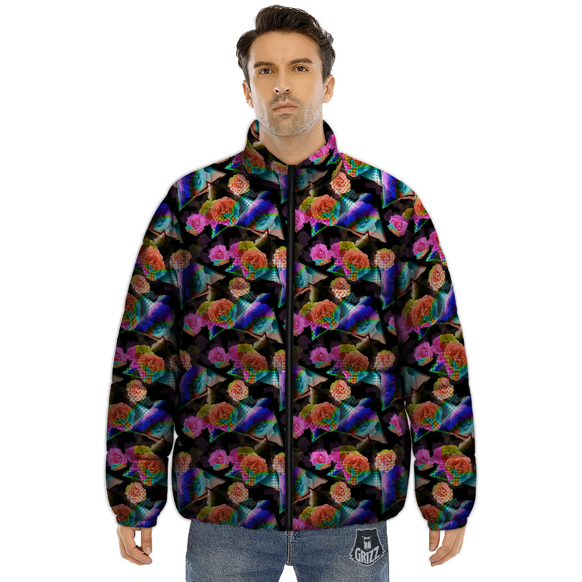 Roses Colorful Gradient Triangle Print Pattern Puffer Jacket-grizzshop