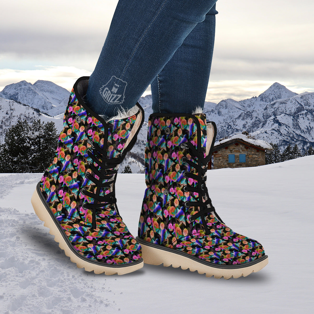 Roses Colorful Gradient Triangle Print Pattern Snow Boots-grizzshop