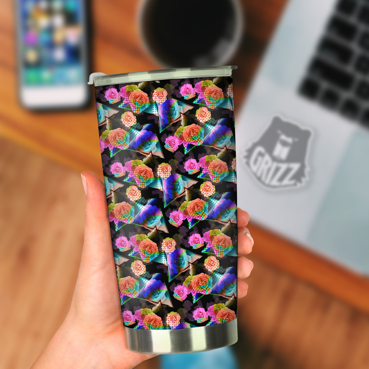 Roses Colorful Gradient Triangle Print Pattern Tumbler-grizzshop