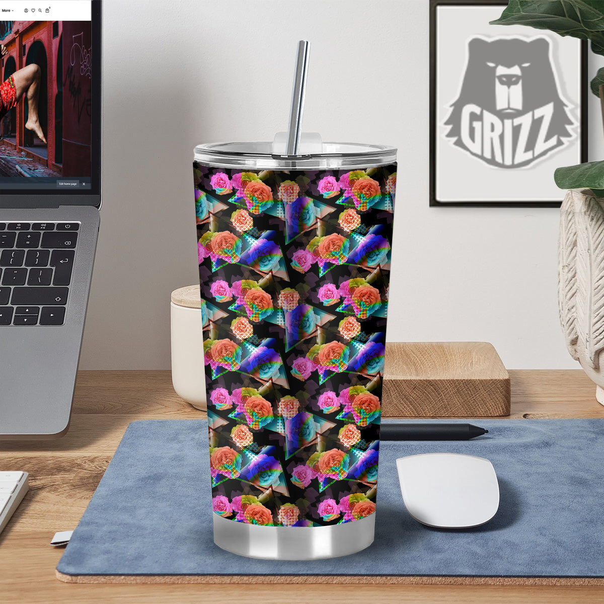 Roses Colorful Gradient Triangle Print Pattern Tumbler-grizzshop