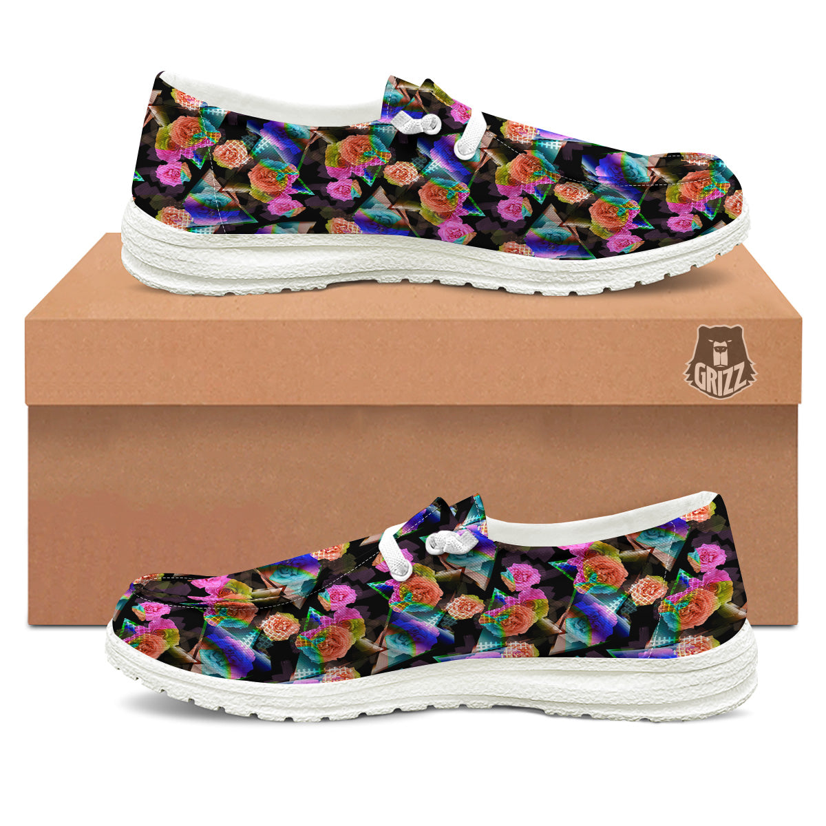 Roses Colorful Gradient Triangle Print Pattern White Loafers-grizzshop