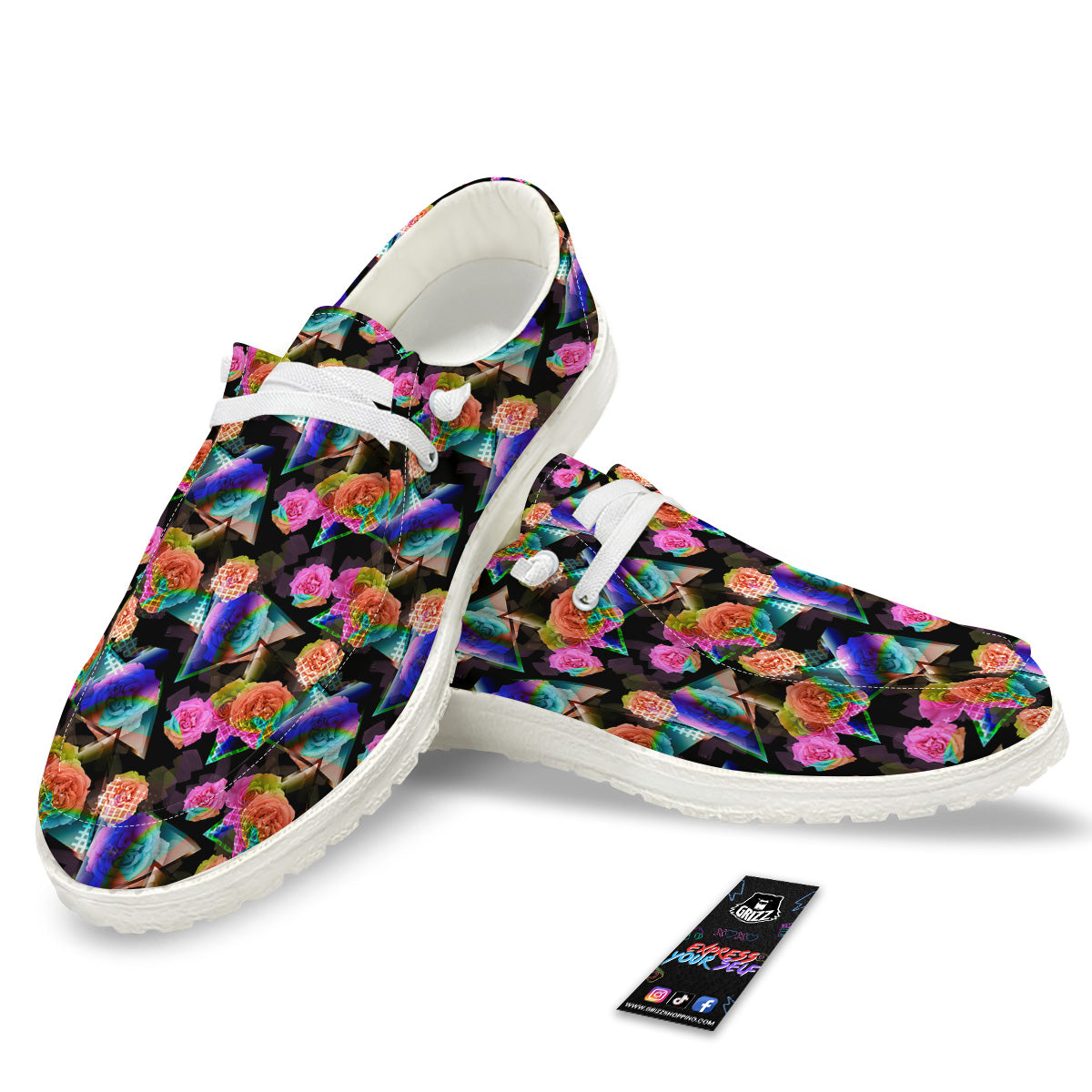 Roses Colorful Gradient Triangle Print Pattern White Loafers-grizzshop