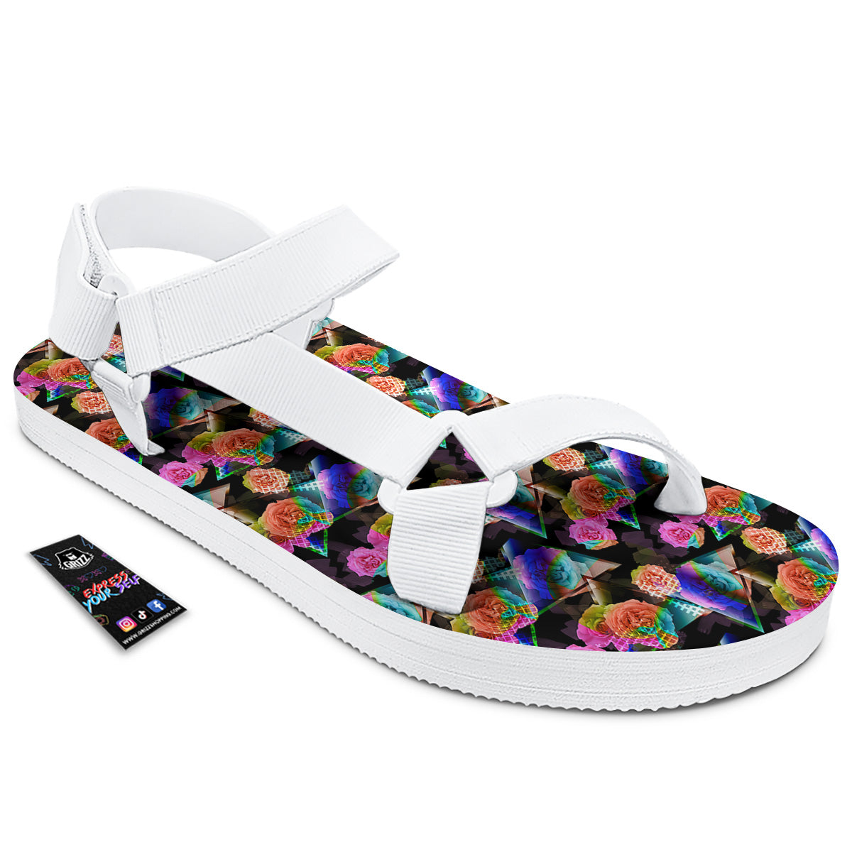 Roses Colorful Gradient Triangle Print Pattern White Open Toe Sandals-grizzshop