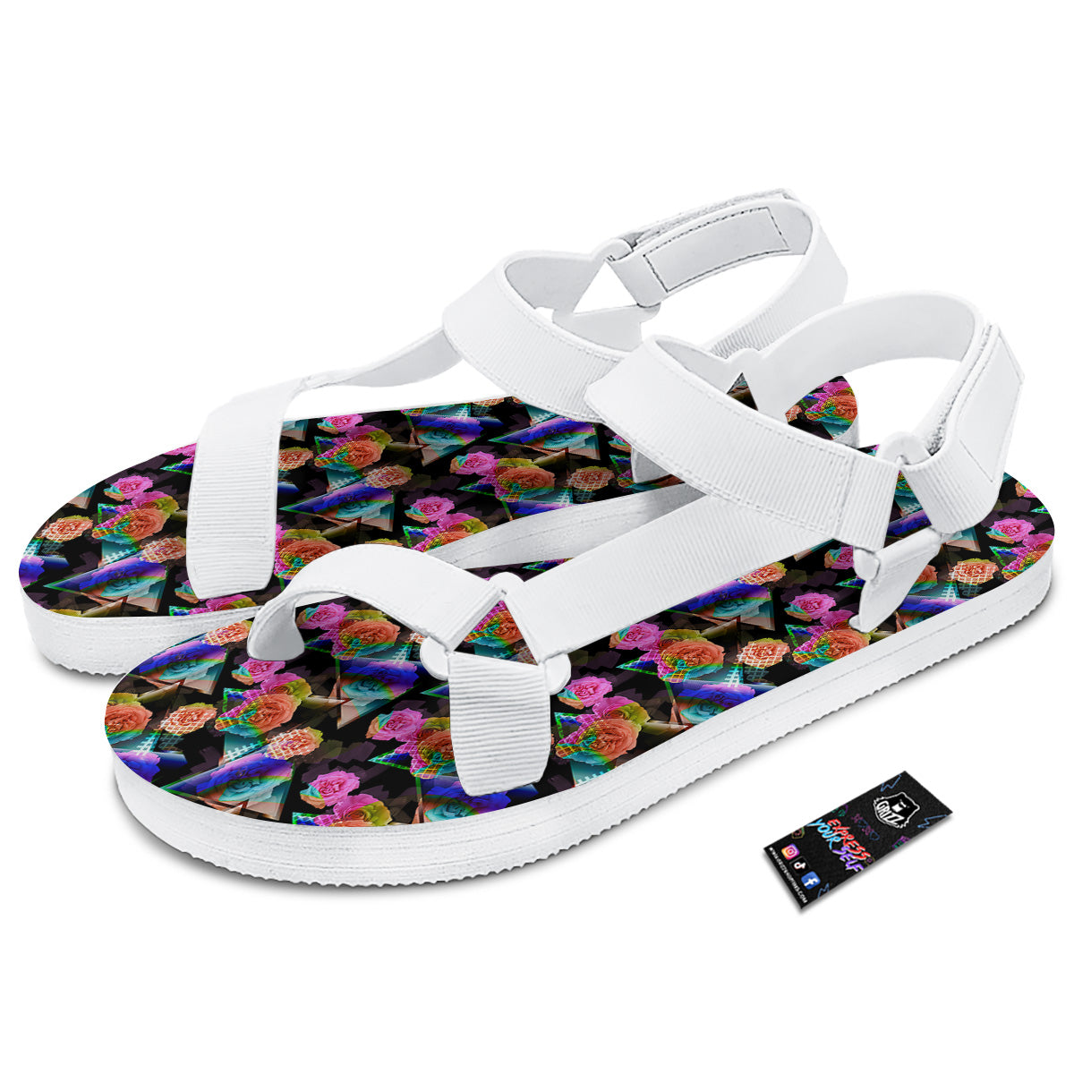 Roses Colorful Gradient Triangle Print Pattern White Open Toe Sandals-grizzshop