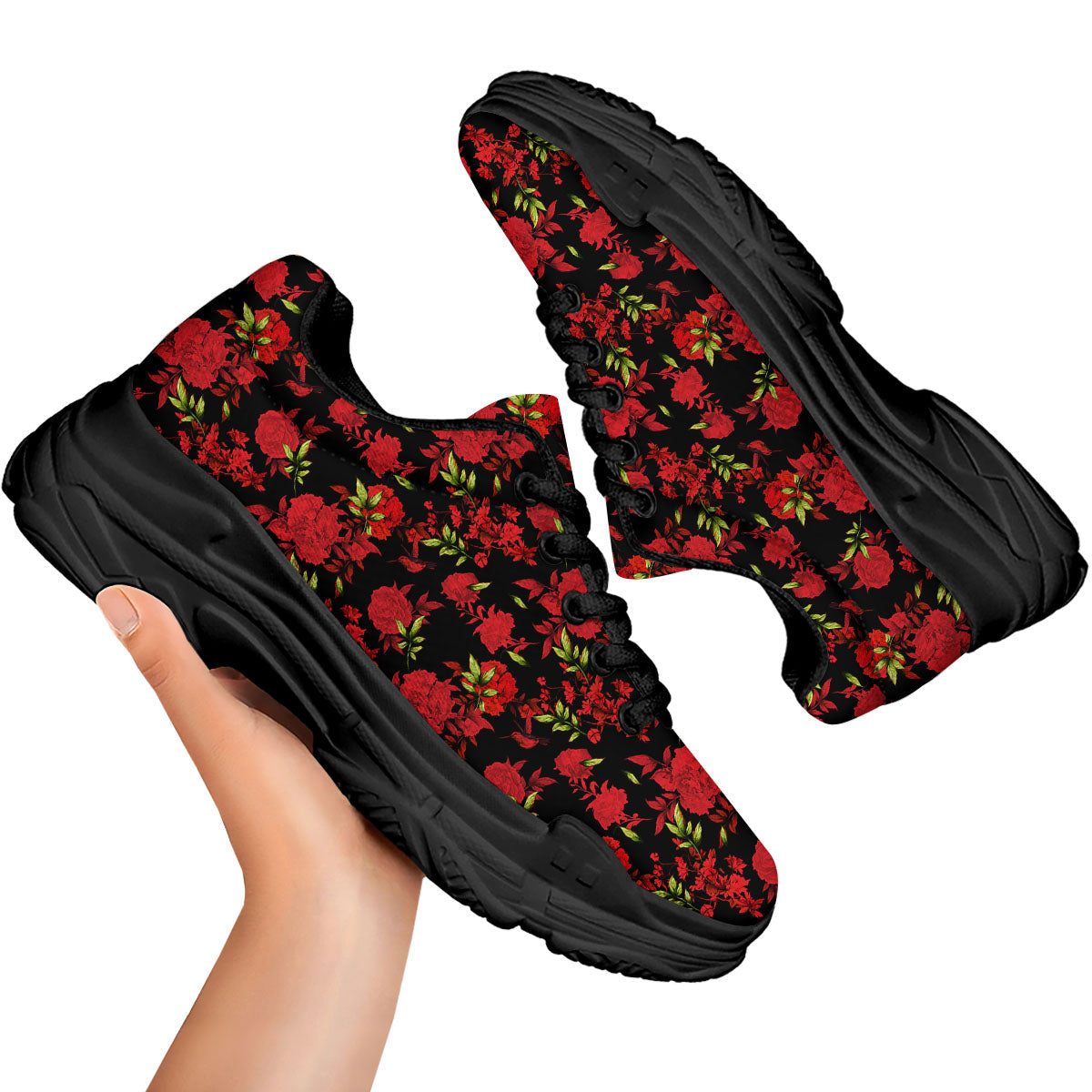 Roses Floral Red And Black Print Black Chunky Shoes-grizzshop