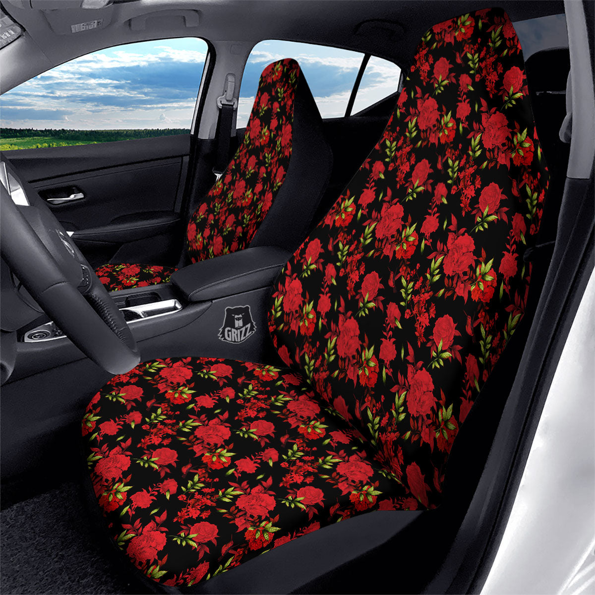 Roses Floral Red And Black Print Car Seat Covers-grizzshop