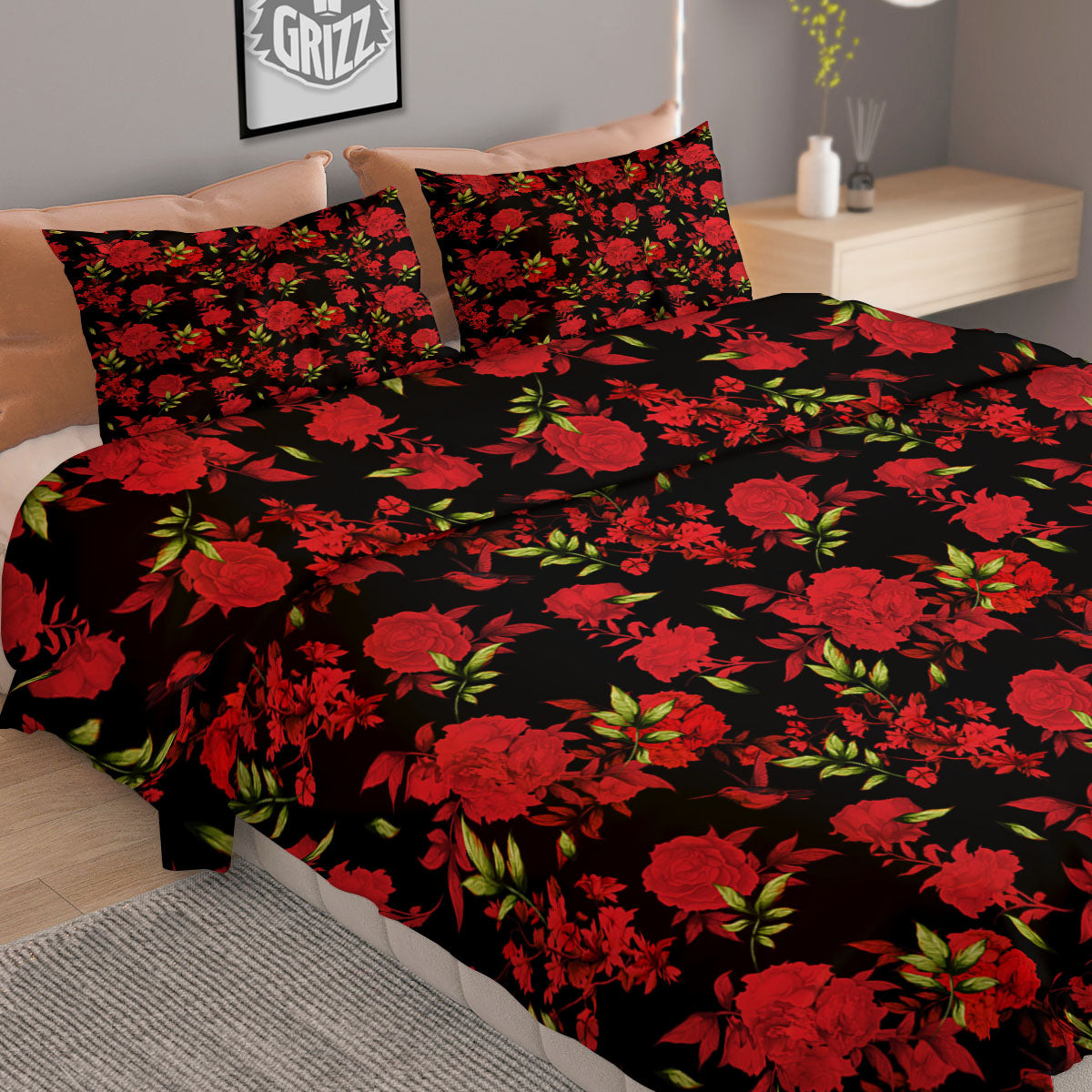 Roses Floral Red And Black Print Duvet Cover Bedding Set
