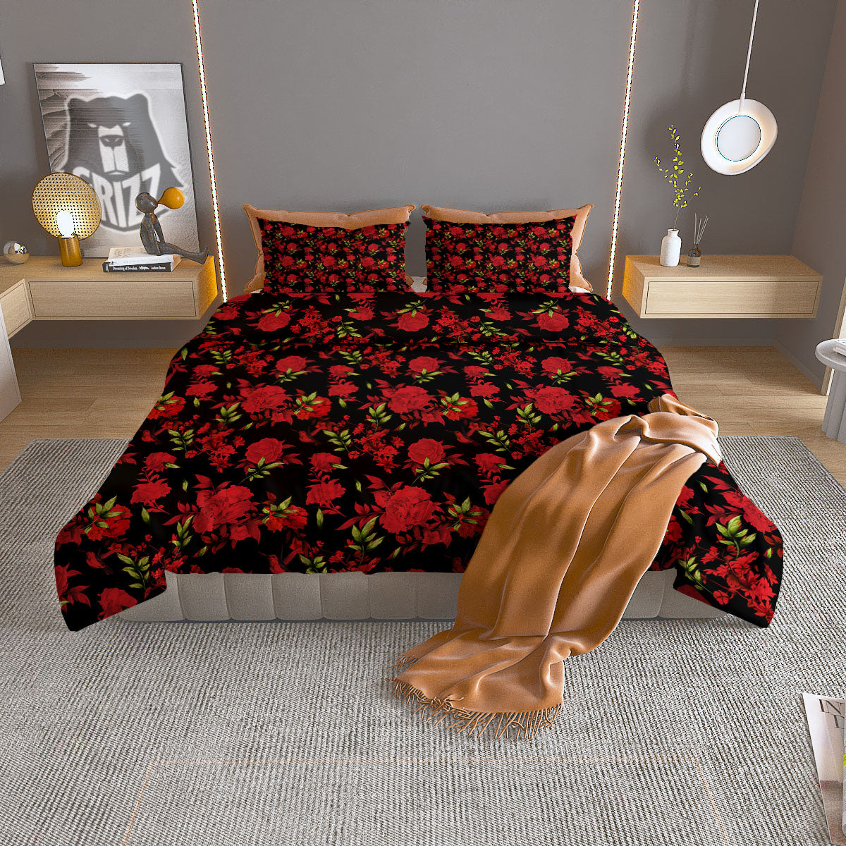 Roses Floral Red And Black Print Duvet Cover Bedding Set