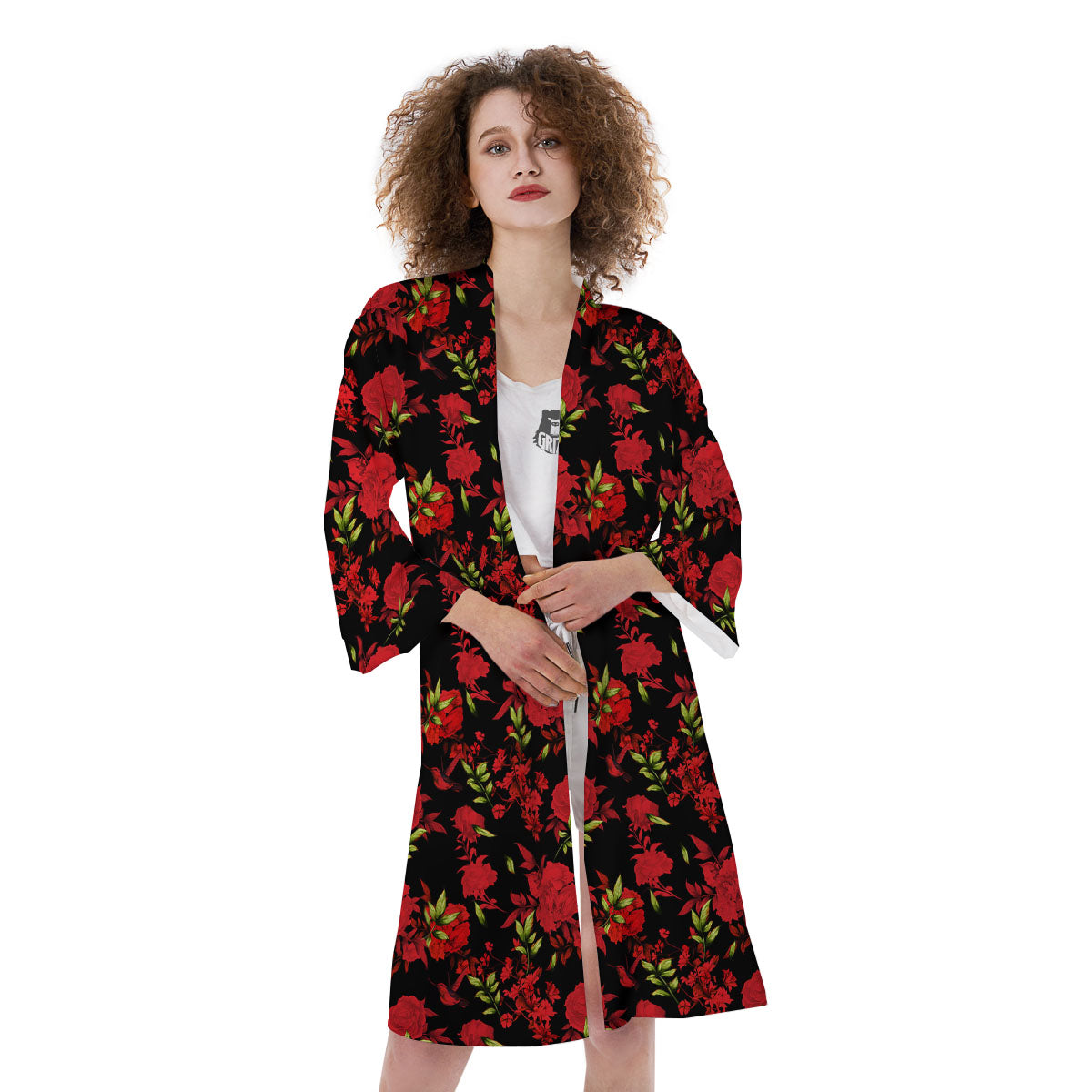 Roses Floral Red And Black Print Kimono-grizzshop