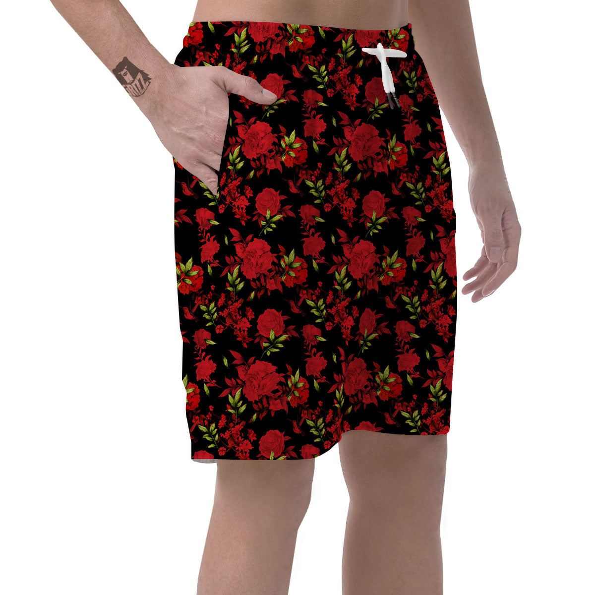 Roses Floral Red And Black Print Men's Shorts-grizzshop