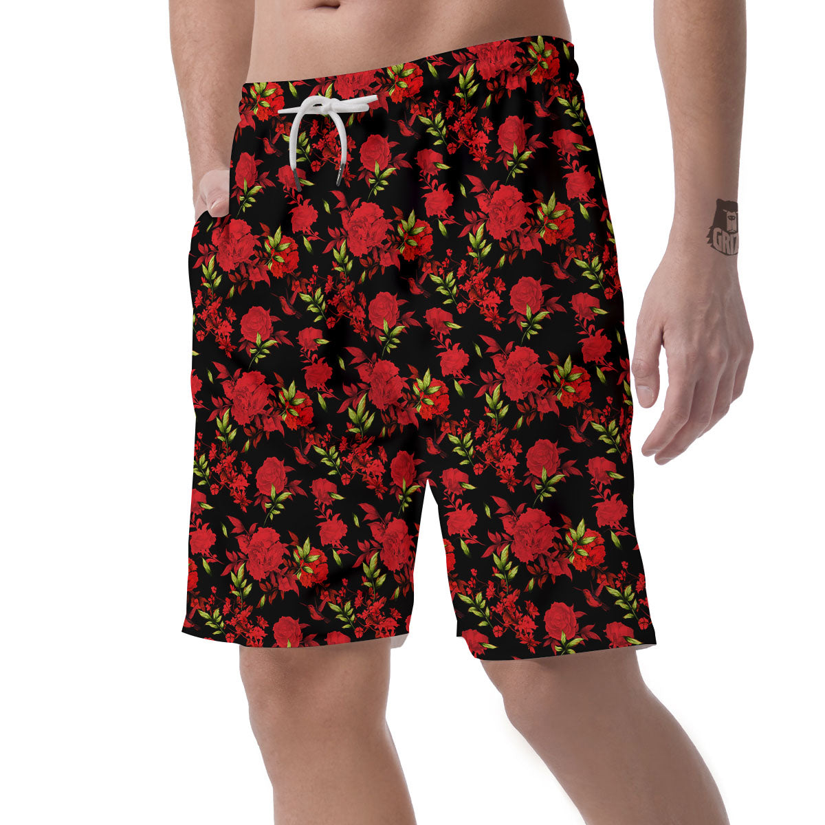 Roses Floral Red And Black Print Men's Shorts-grizzshop