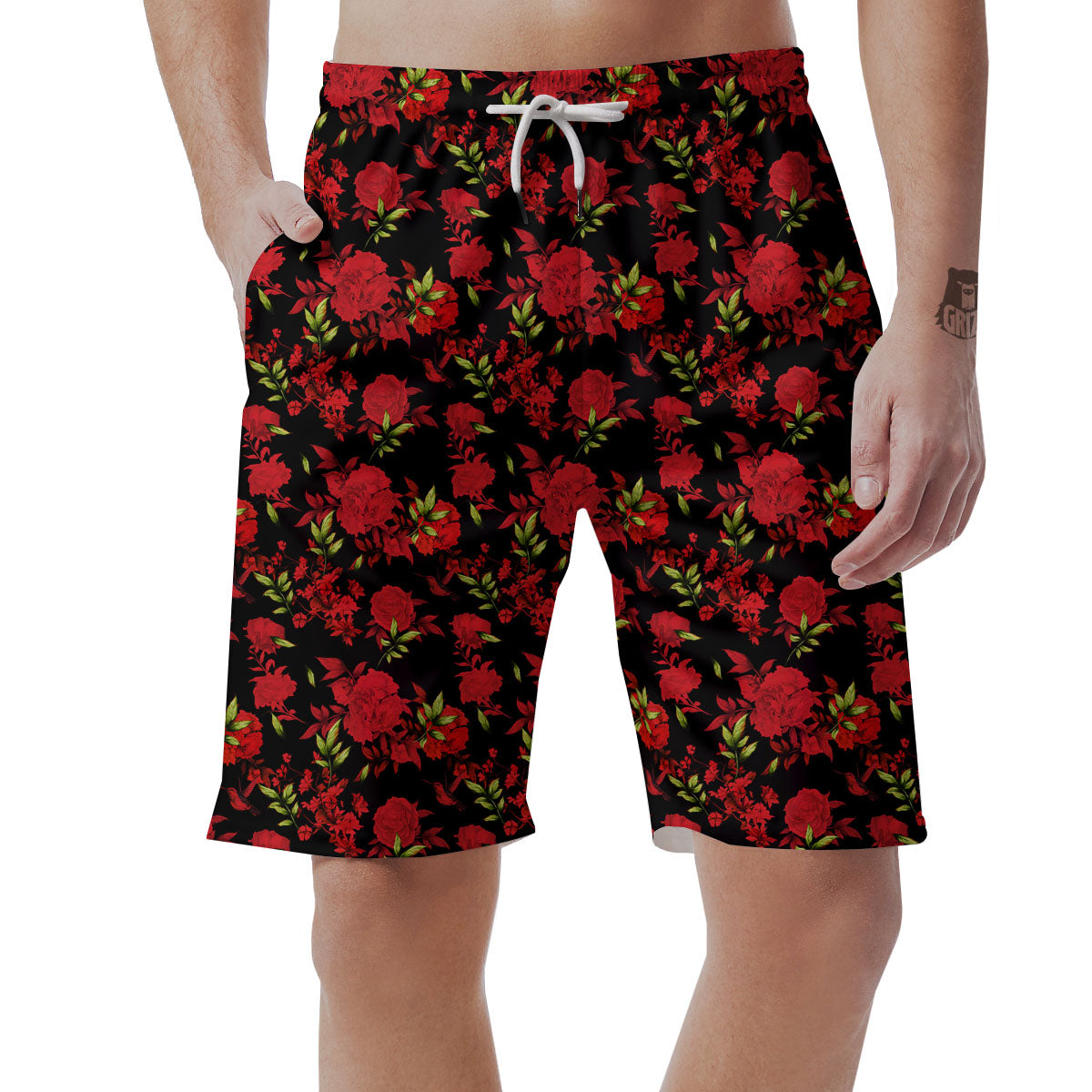 Roses Floral Red And Black Print Men's Shorts-grizzshop