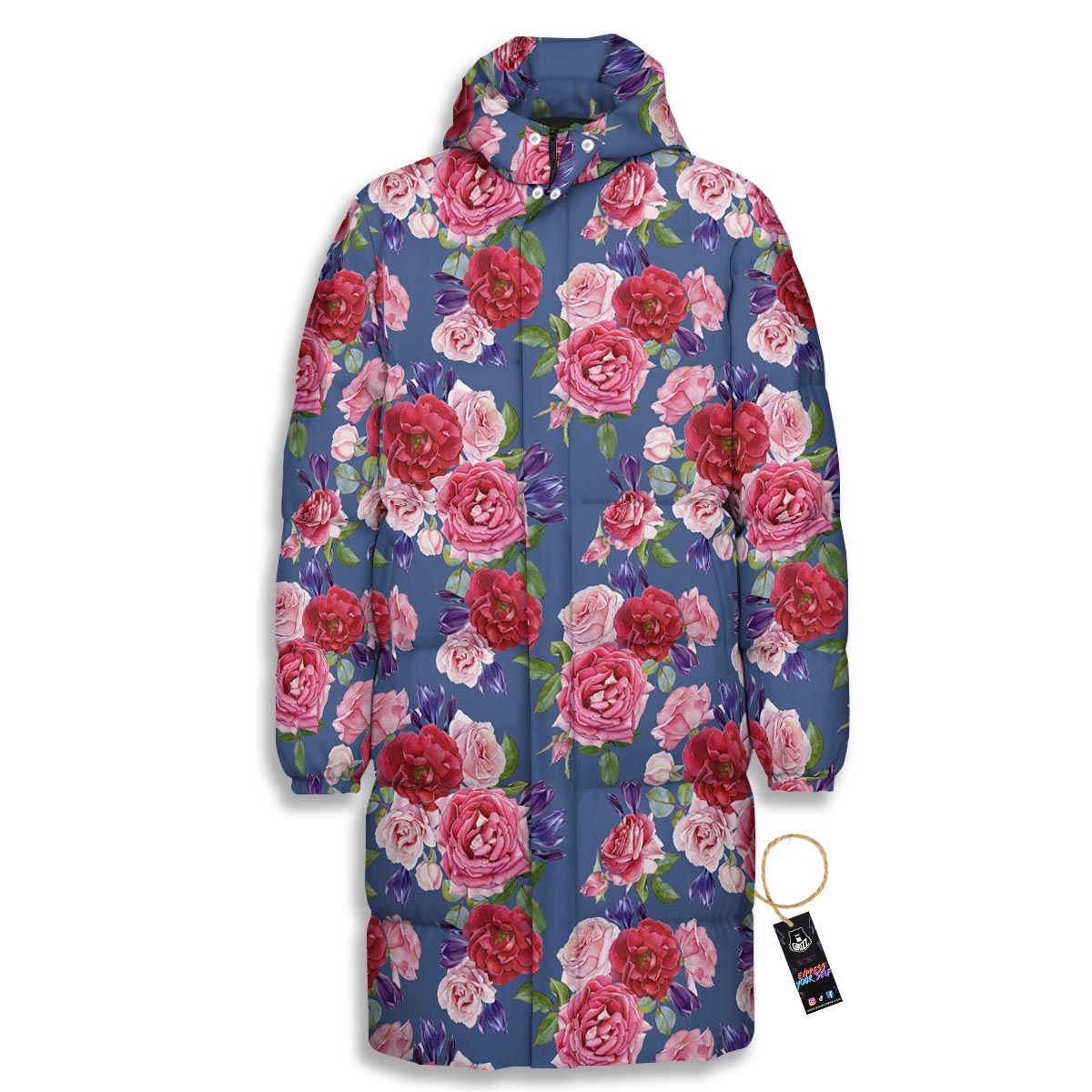 Roses Floral Red Violet Print Pattern Long Down Jacket-grizzshop