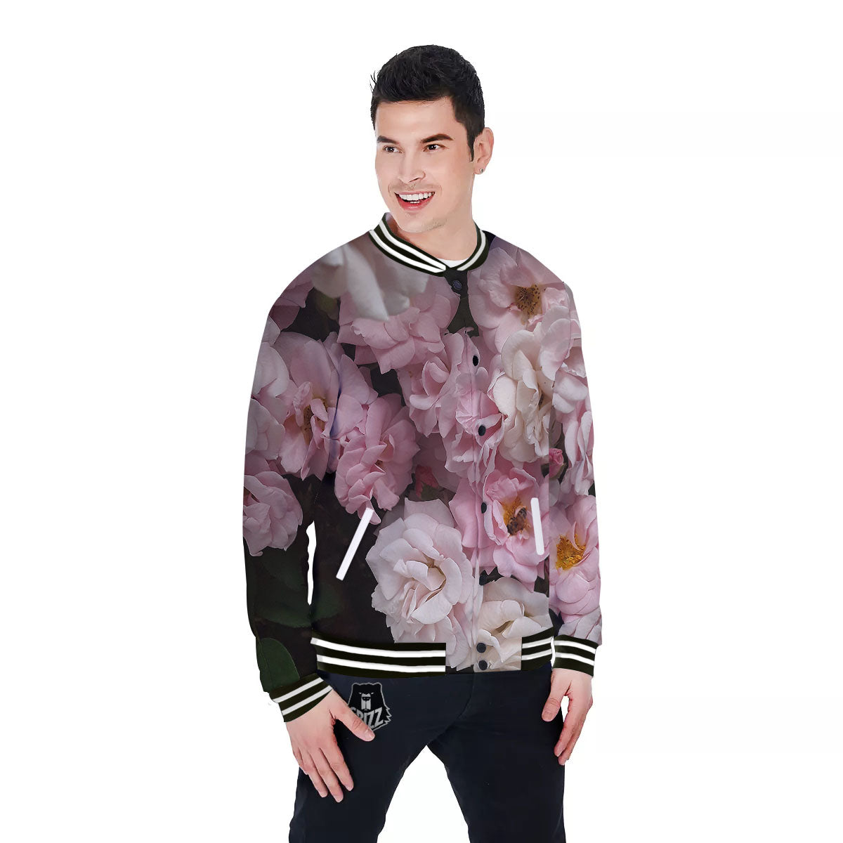 Roses Floral Retro Pink Print Baseball Jacket-grizzshop