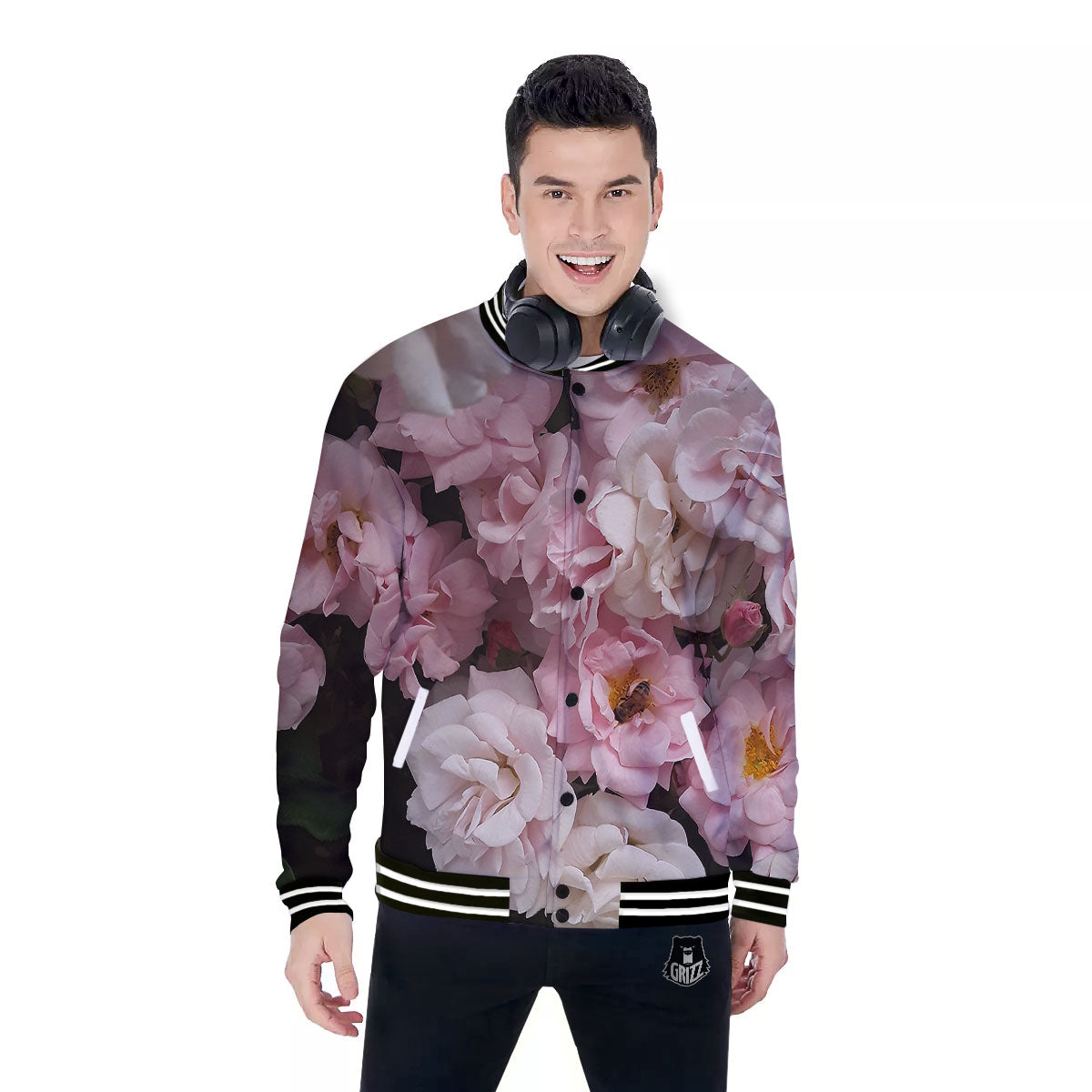 Roses Floral Retro Pink Print Baseball Jacket-grizzshop