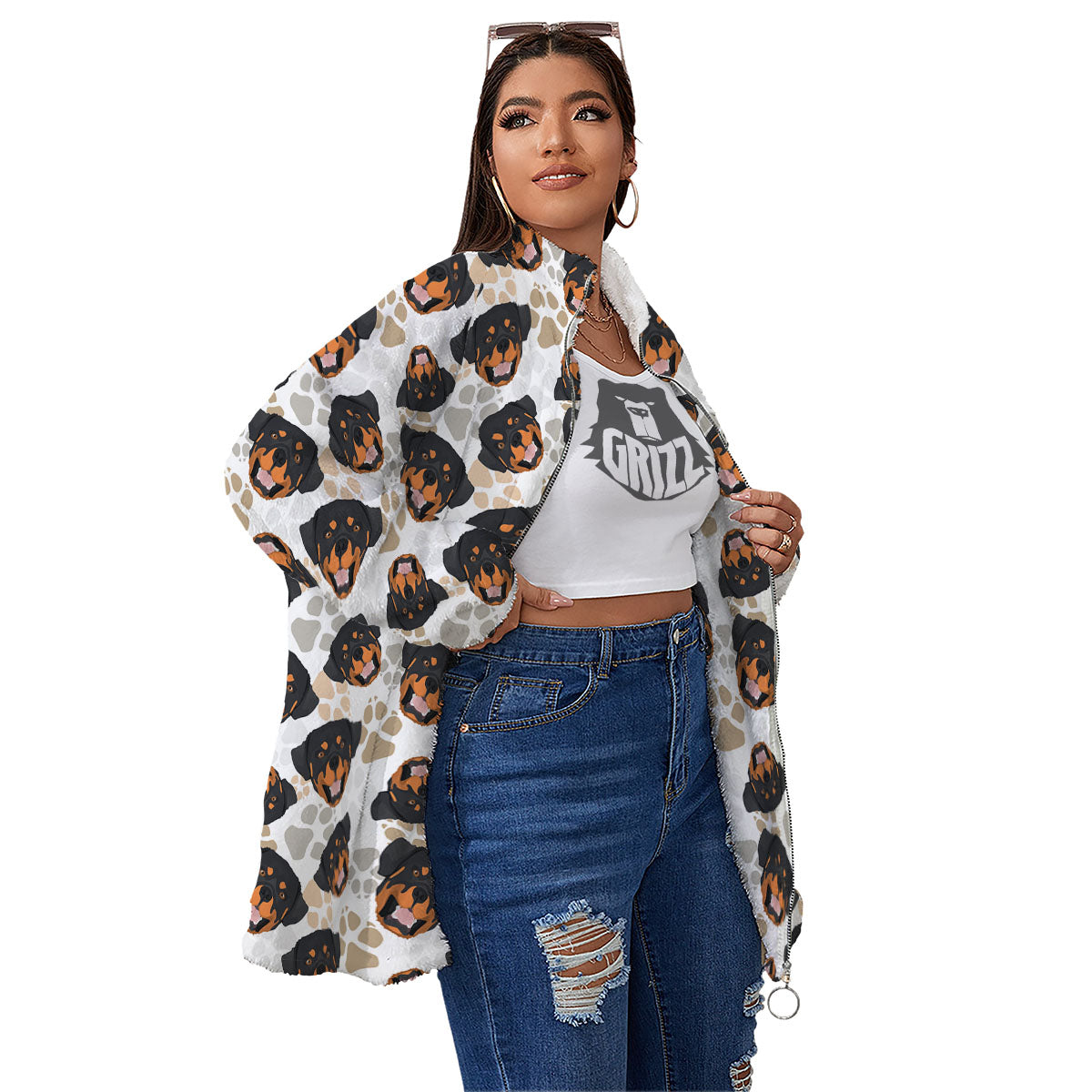 Rottweiler Print Pattern Women's Sherpa Jacket-grizzshop
