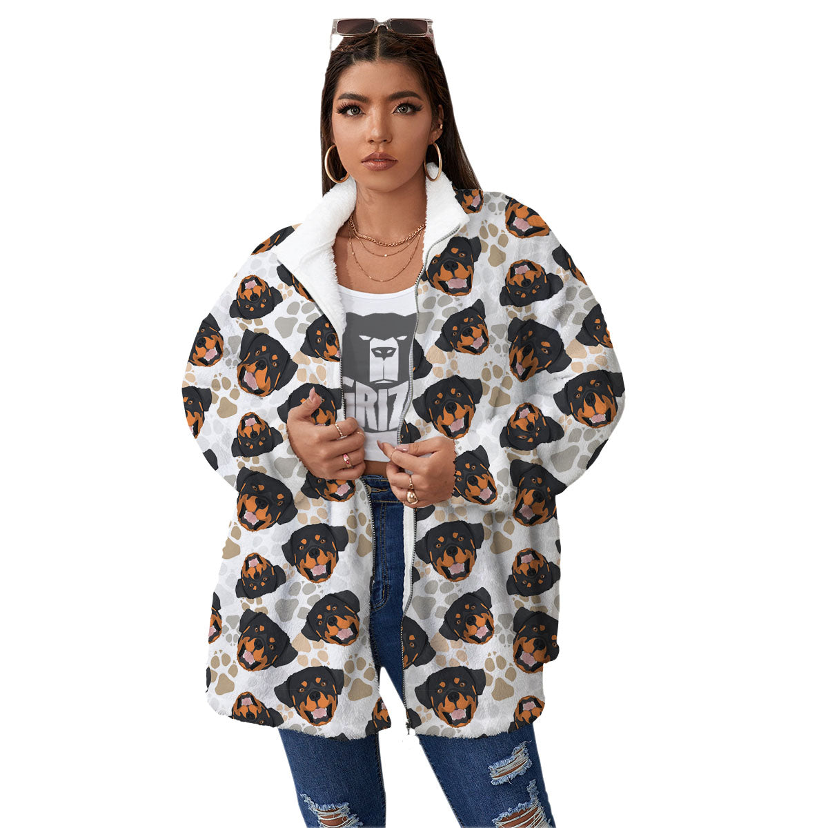 Rottweiler Print Pattern Women's Sherpa Jacket-grizzshop