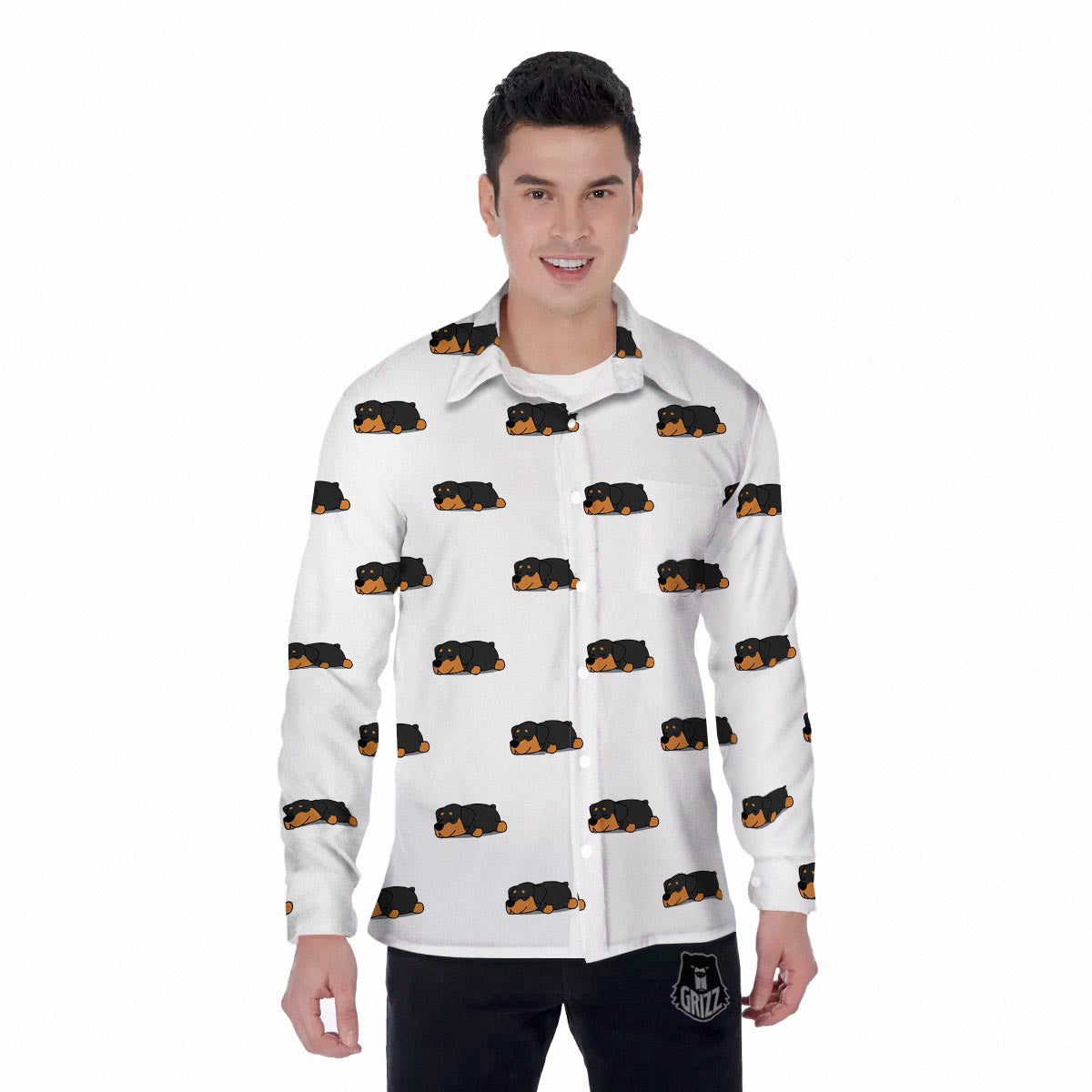 Rottweiler Sleeping Print Pattern Men's Long Sleeve Shirts-grizzshop