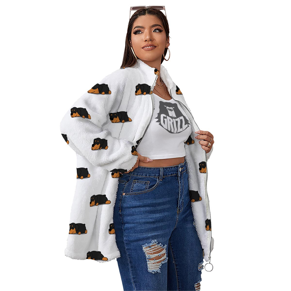 Rottweiler Sleeping Print Pattern Women's Sherpa Jacket-grizzshop