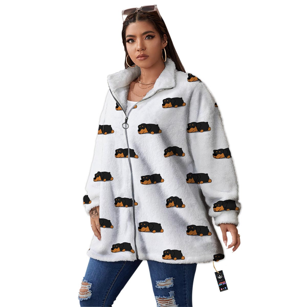 Rottweiler Sleeping Print Pattern Women's Sherpa Jacket-grizzshop