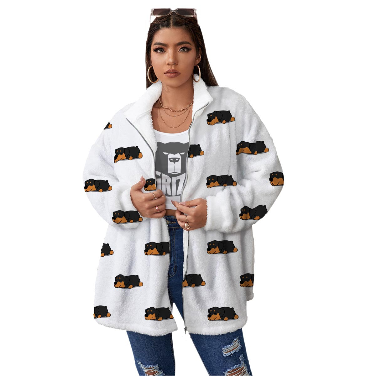Rottweiler Sleeping Print Pattern Women's Sherpa Jacket-grizzshop