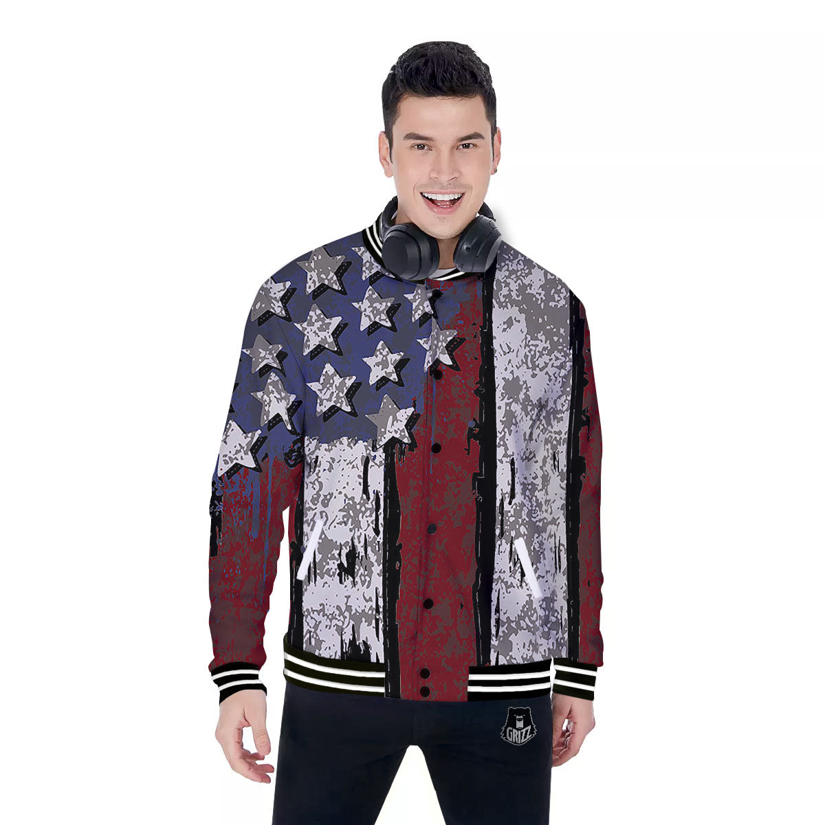 Rough American Flag Print Baseball Jacket-grizzshop