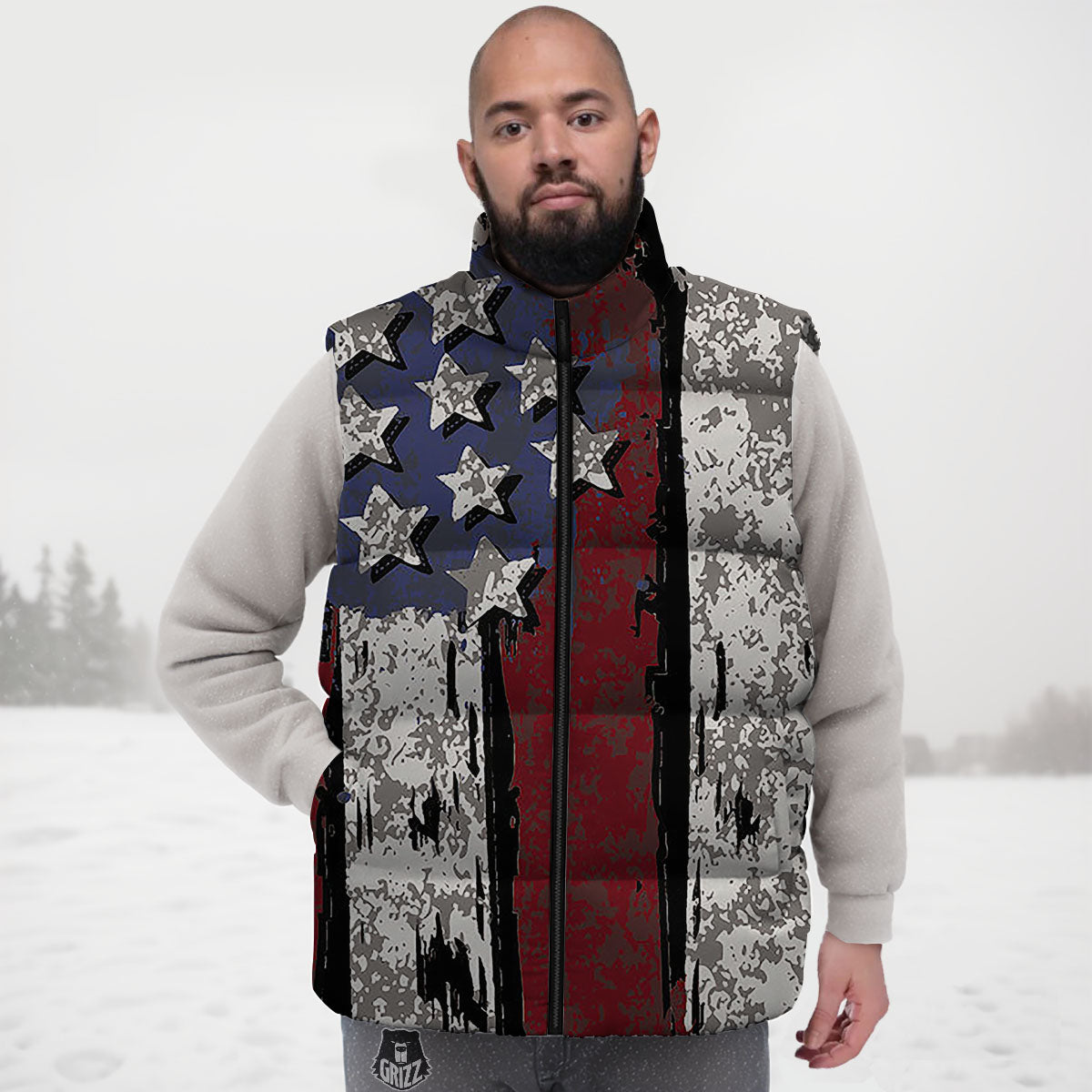 Rough American Flag Print Down Vest