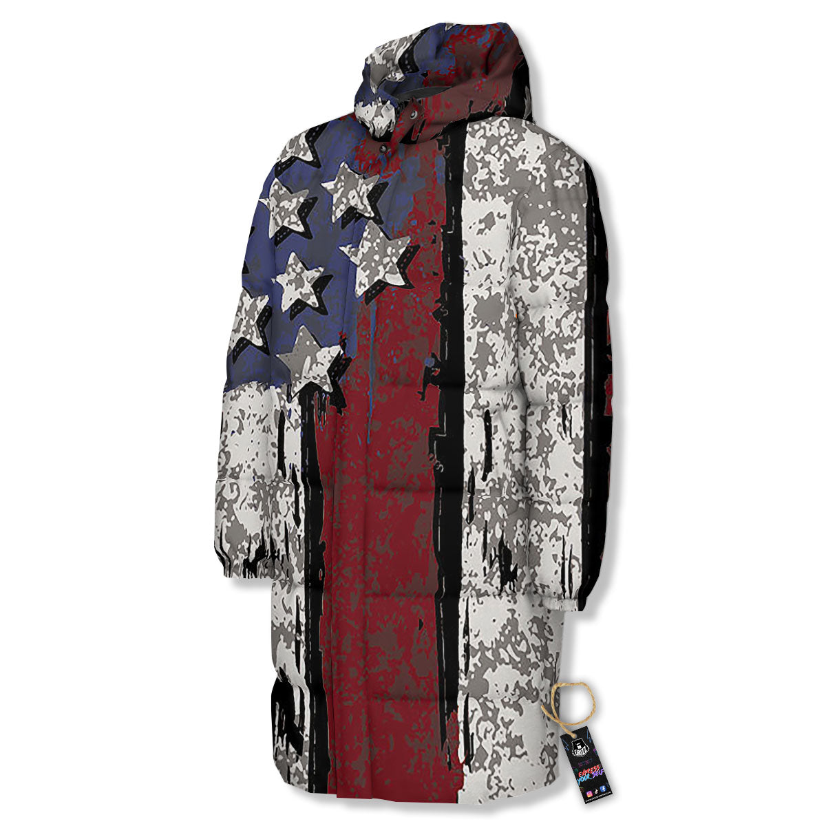 Rough American Flag Print Long Down Jacket-grizzshop