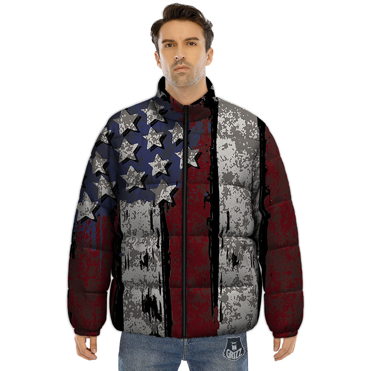 Rough American Flag Print Puffer Jacket-grizzshop