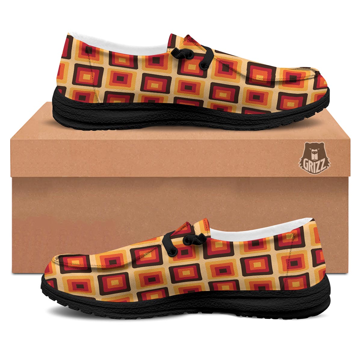 Rounded Square Retro Geometric Print Pattern Black Loafers-grizzshop