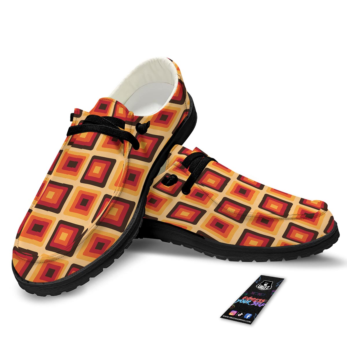 Rounded Square Retro Geometric Print Pattern Black Loafers-grizzshop
